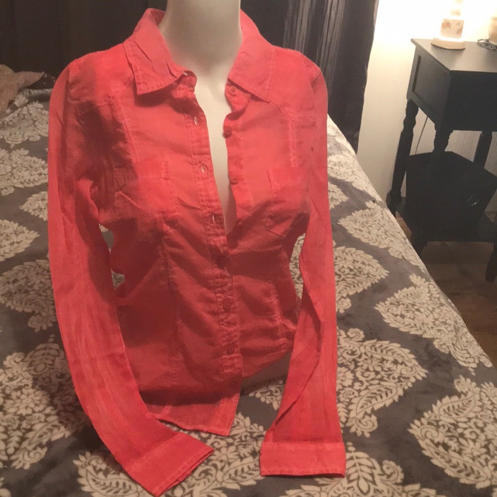sheer almost see through red button up top .🌹❤️